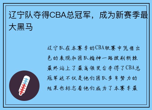 辽宁队夺得CBA总冠军，成为新赛季最大黑马